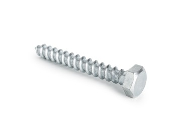 Photo of One metal bolt isolated on white. Hardware tool