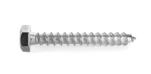Photo of One metal bolt isolated on white. Hardware tool
