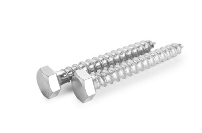 Photo of Two metal bolts isolated on white. Hardware tool