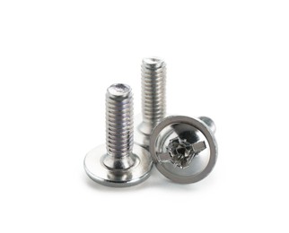 Photo of Three metal bolts isolated on white. Hardware tool