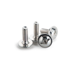 Photo of Many metal bolts isolated on white. Hardware tool