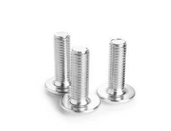 Photo of Three metal bolts isolated on white. Hardware tool