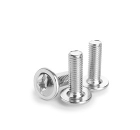 Photo of Three metal bolts isolated on white. Hardware tool