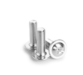 Photo of Three metal bolts isolated on white. Hardware tool