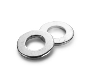 Photo of Two metal washers isolated on white. Hardware tool