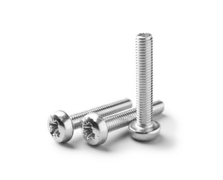 Photo of Three metal bolts isolated on white. Hardware tool