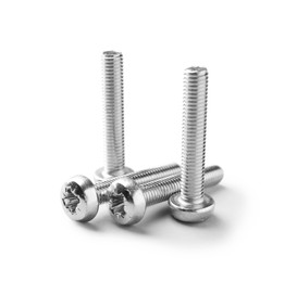 Photo of Many metal bolts isolated on white. Hardware tool