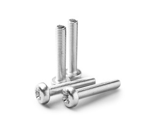Photo of Many metal bolts isolated on white. Hardware tool