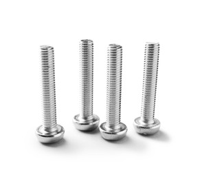 Photo of Many metal bolts isolated on white. Hardware tool