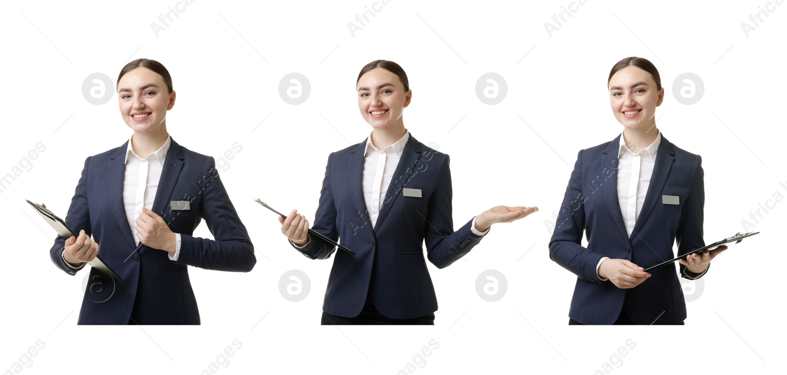 Young hostess on white background, set of portraits Image of Young hostess on white background, set of portraits