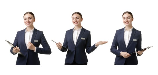 Image of Young hostess on white background, set of portraits