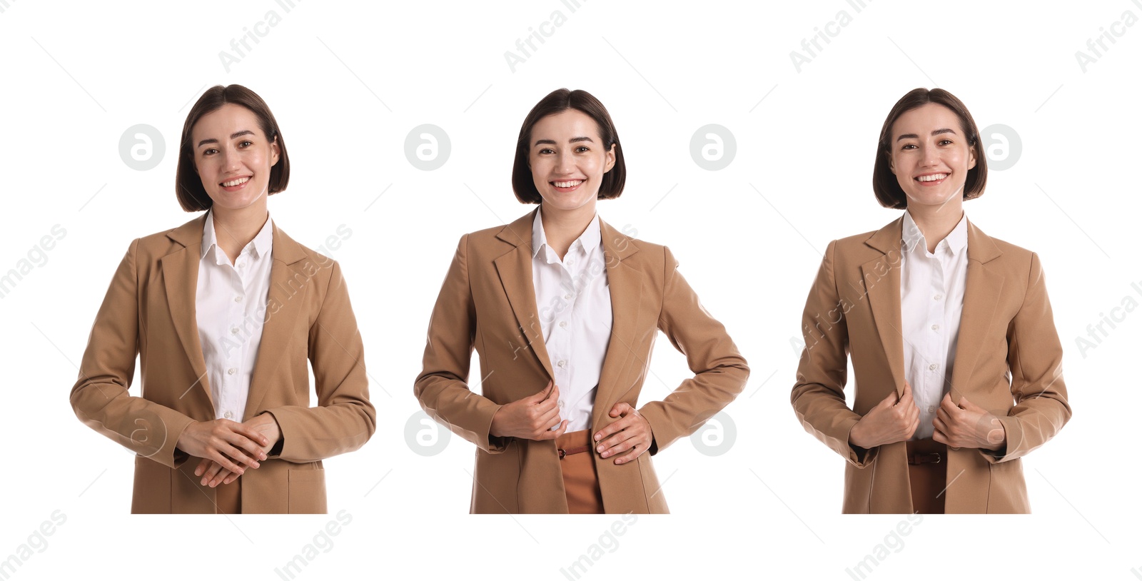 Young hostess on white background, set of portraits Image of Young hostess on white background, set of portraits
