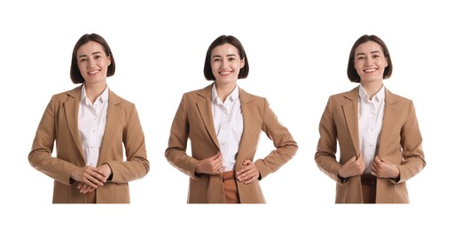 Image of Young hostess on white background, set of portraits
