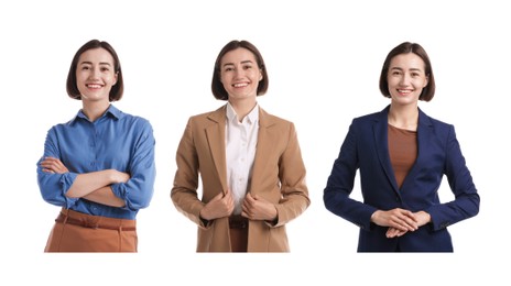 Image of Young hostess on white background, set of portraits