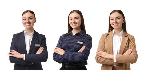Image of Young hostess on white background, set of portraits