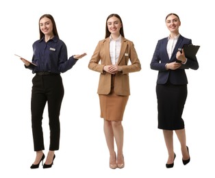 Image of Young hostess on white background, set of full-length portraits