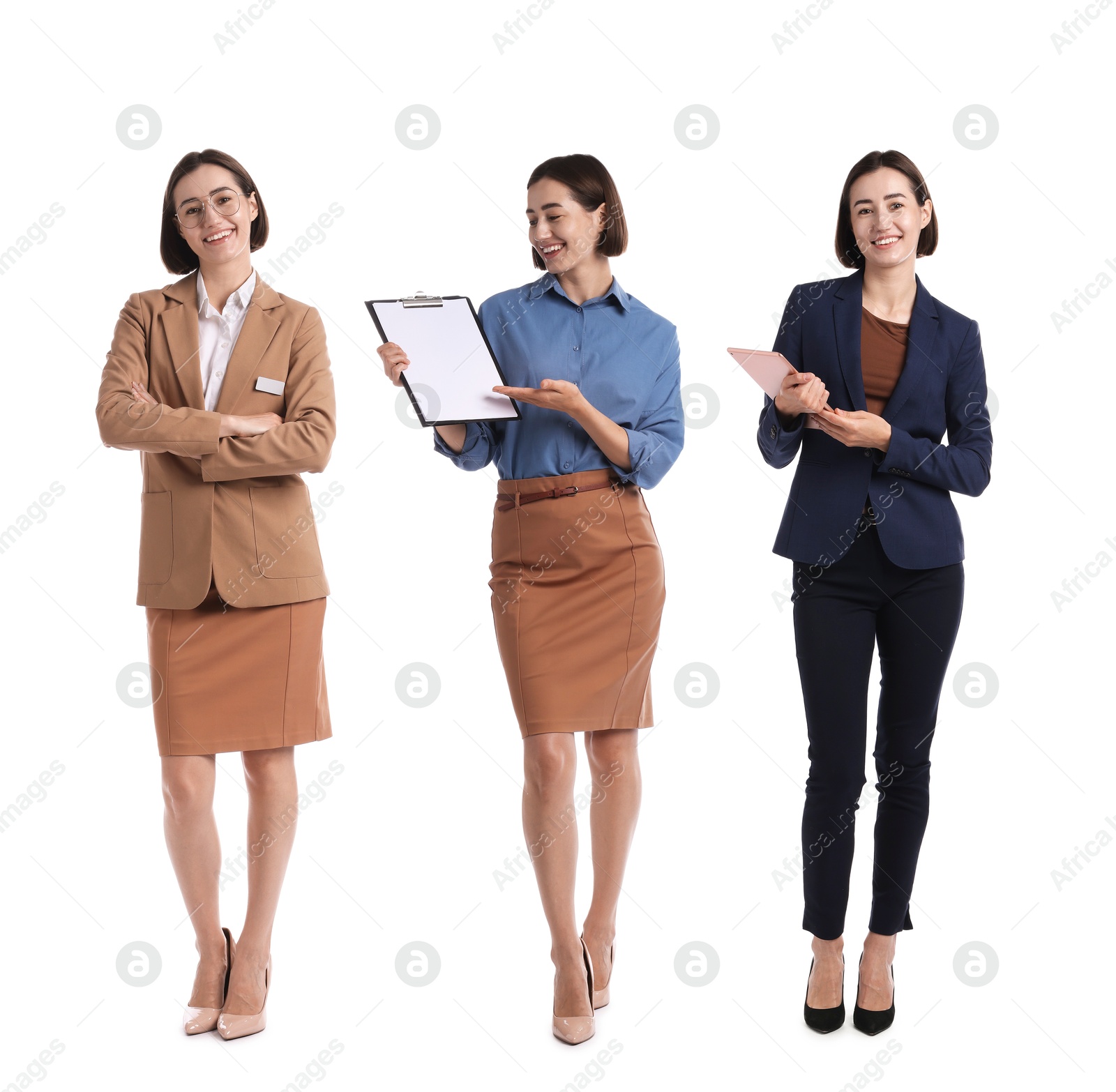 Young hostess on white background, set of full-length portraits Image of Young hostess on white background, set of full-length portraits