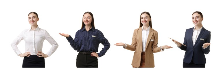 Image of Young hostess on white background, set of portraits