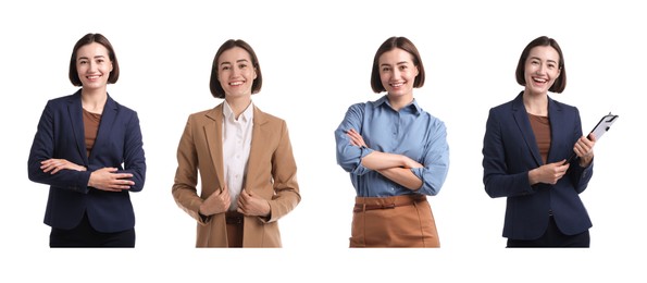 Image of Young hostess on white background, set of portraits