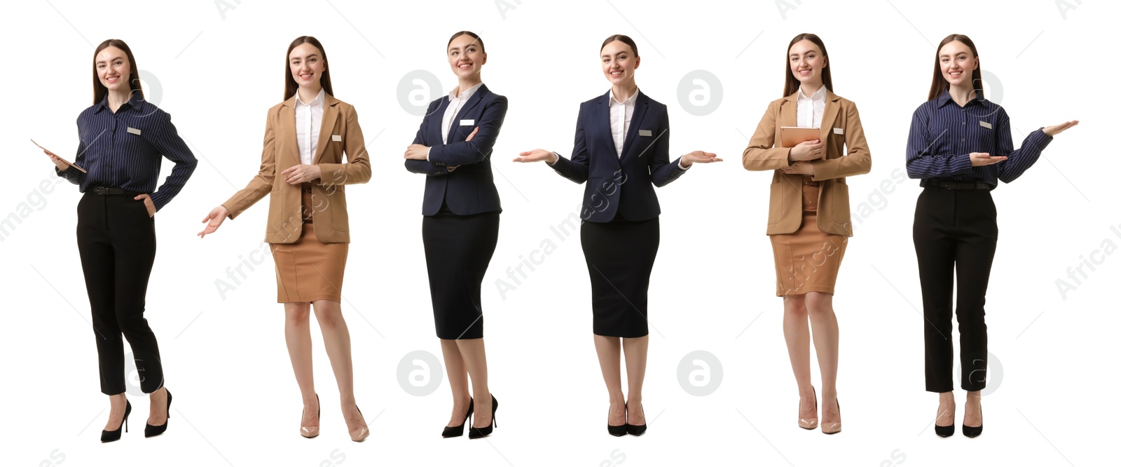 Young hostess on white background, set of full-length portraits Image of Young hostess on white background, set of full-length portraits