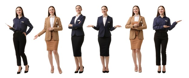 Image of Young hostess on white background, set of full-length portraits