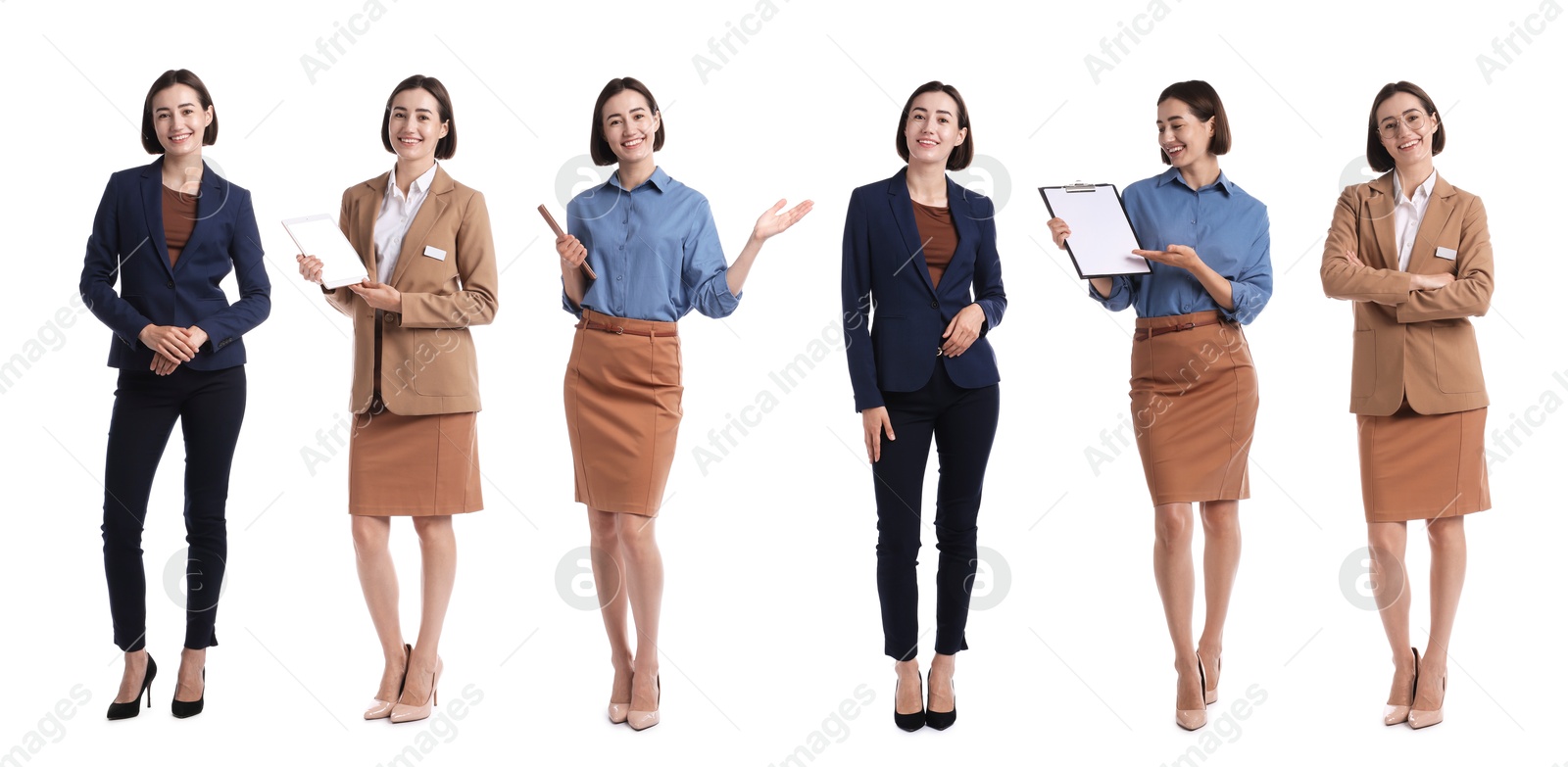 Young hostess on white background, set of full-length portraits Image of Young hostess on white background, set of full-length portraits