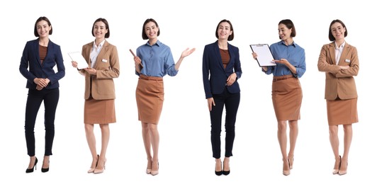 Image of Young hostess on white background, set of full-length portraits