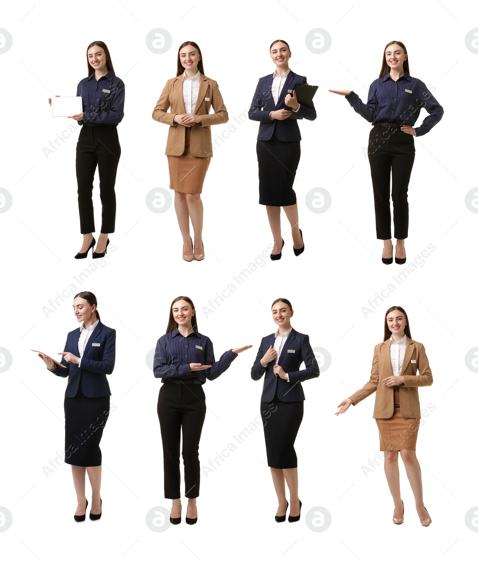 Young hostess on white background, set of full-length portraits Image of Young hostess on white background, set of full-length portraits