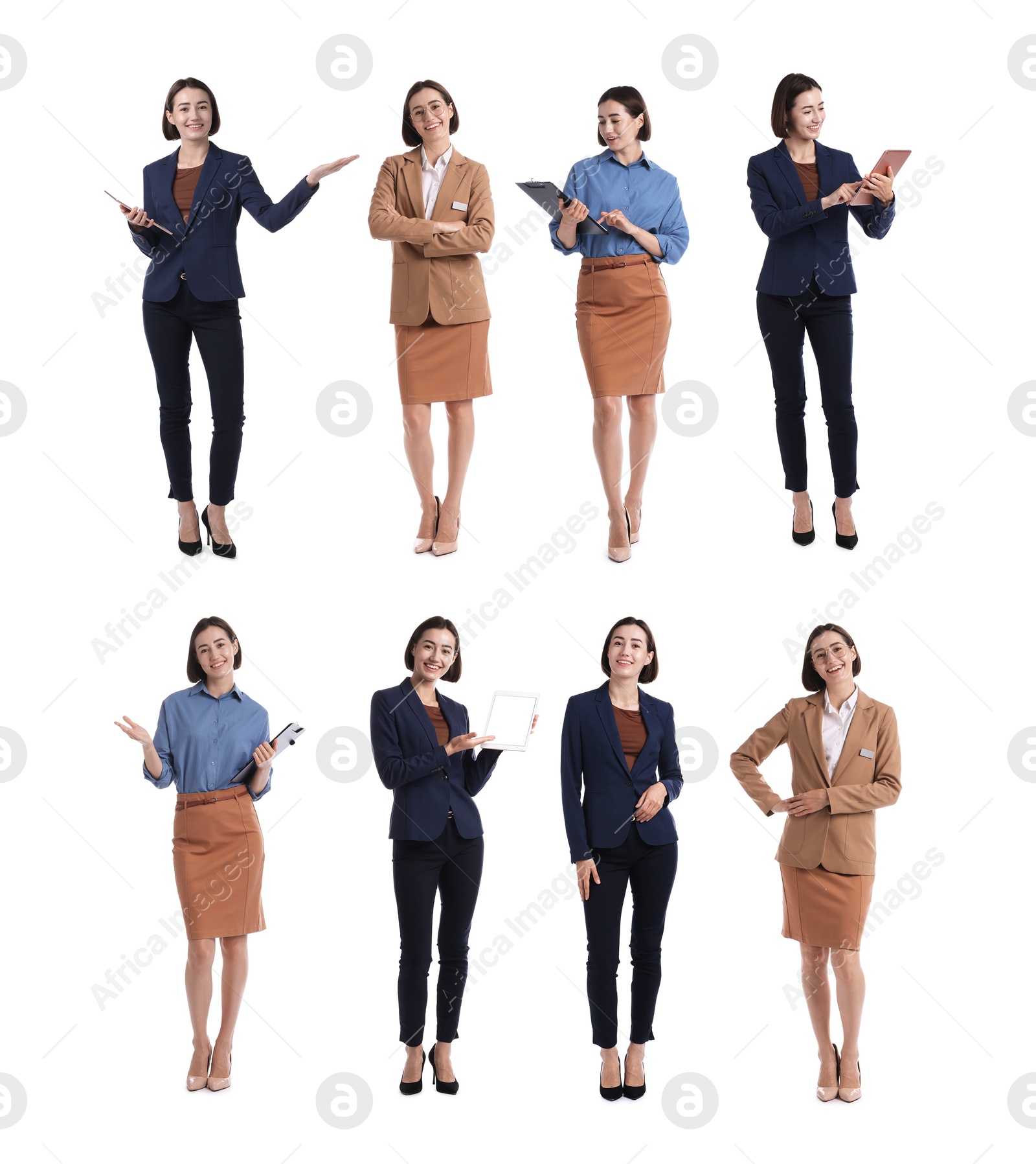 Young hostess on white background, set of full-length portraits Image of Young hostess on white background, set of full-length portraits