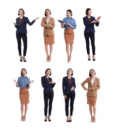 Image of Young hostess on white background, set of full-length portraits