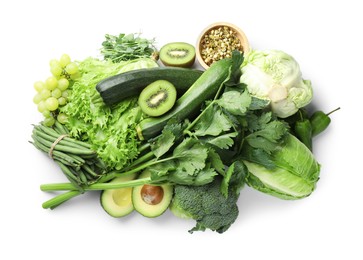 Photo of Superfood. Healthy food products isolated on white, top view