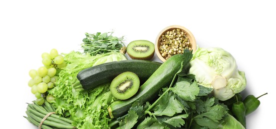 Photo of Superfood. Healthy food products isolated on white, top view