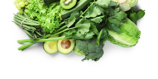 Photo of Superfood. Healthy food products isolated on white, top view