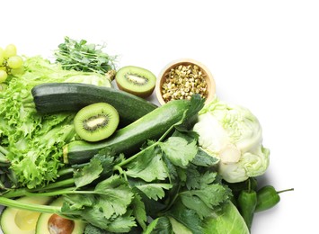 Photo of Superfood. Healthy food products isolated on white, top view