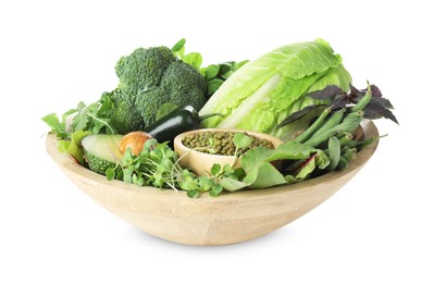 Photo of Superfood. Healthy food products in bowl isolated on white