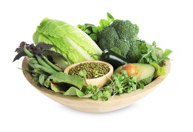 Photo of Superfood. Healthy food products in bowl isolated on white