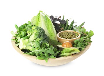 Photo of Superfood. Healthy food products in bowl isolated on white