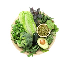 Photo of Superfood. Healthy food products in bowl isolated on white, top view