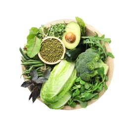 Photo of Superfood. Healthy food products in bowl isolated on white, top view