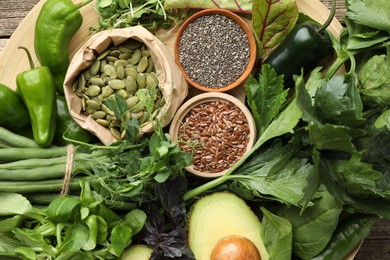 Photo of Superfood. Healthy food products on table, top view