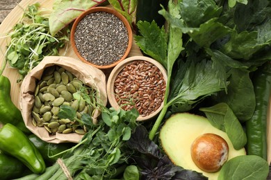 Photo of Superfood. Healthy food products on table, top view