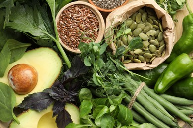 Photo of Superfood. Healthy food products as background, top view