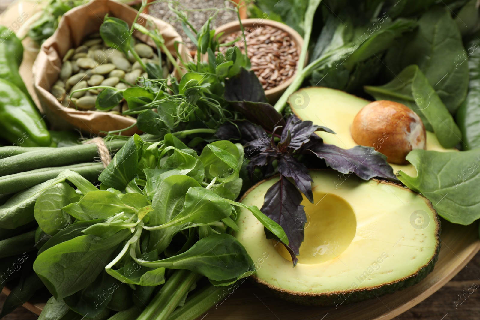 Photo of Superfood. Healthy food products on table, closeup