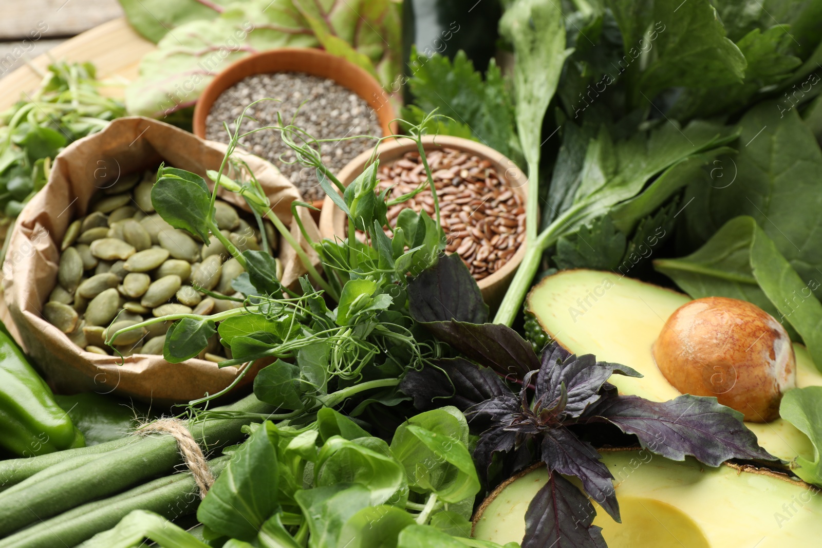 Photo of Superfood. Healthy food products on table, closeup
