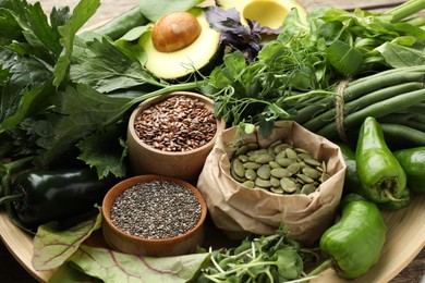 Photo of Superfood. Healthy food products on table, closeup