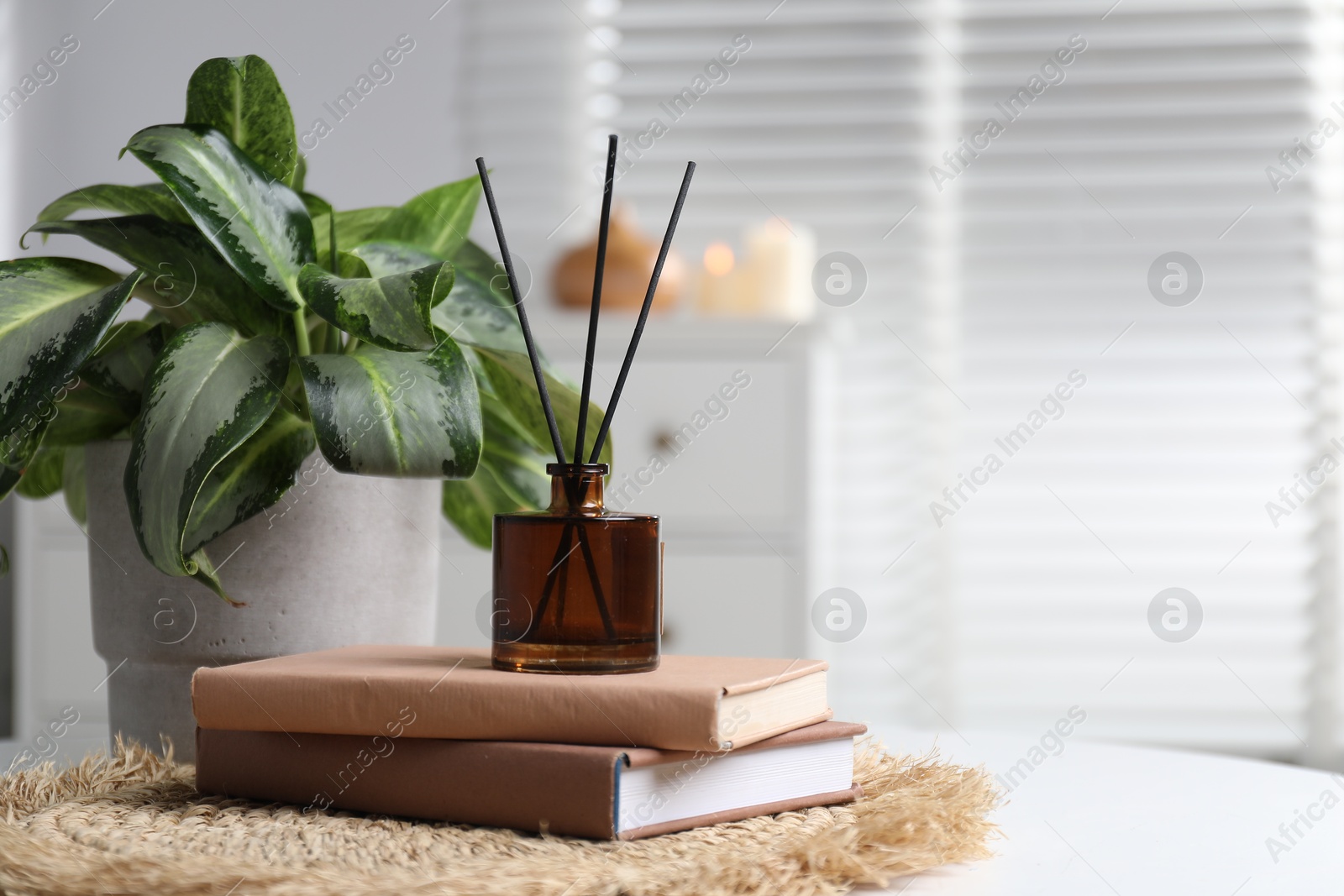 Spa composition with reed air freshener, books and houseplant on white table indoors, closeup. Space for text Photo of Spa composition with reed air freshener, books and houseplant on white table indoors, closeup. Space for text