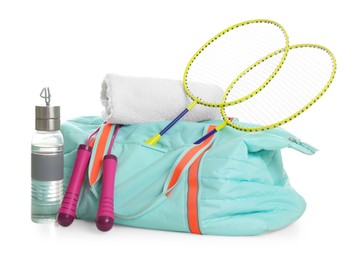 Photo of Stylish gym bag with sports equipment, towel and bottle isolated on white
