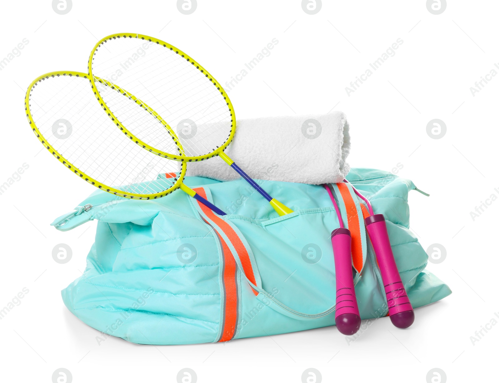 Photo of Stylish gym bag with sports equipment and towel isolated on white