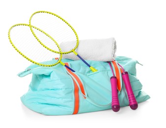 Photo of Stylish gym bag with sports equipment and towel isolated on white