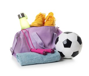 Photo of Stylish gym bag with sports equipment, sneakers, bottle and towel isolated on white